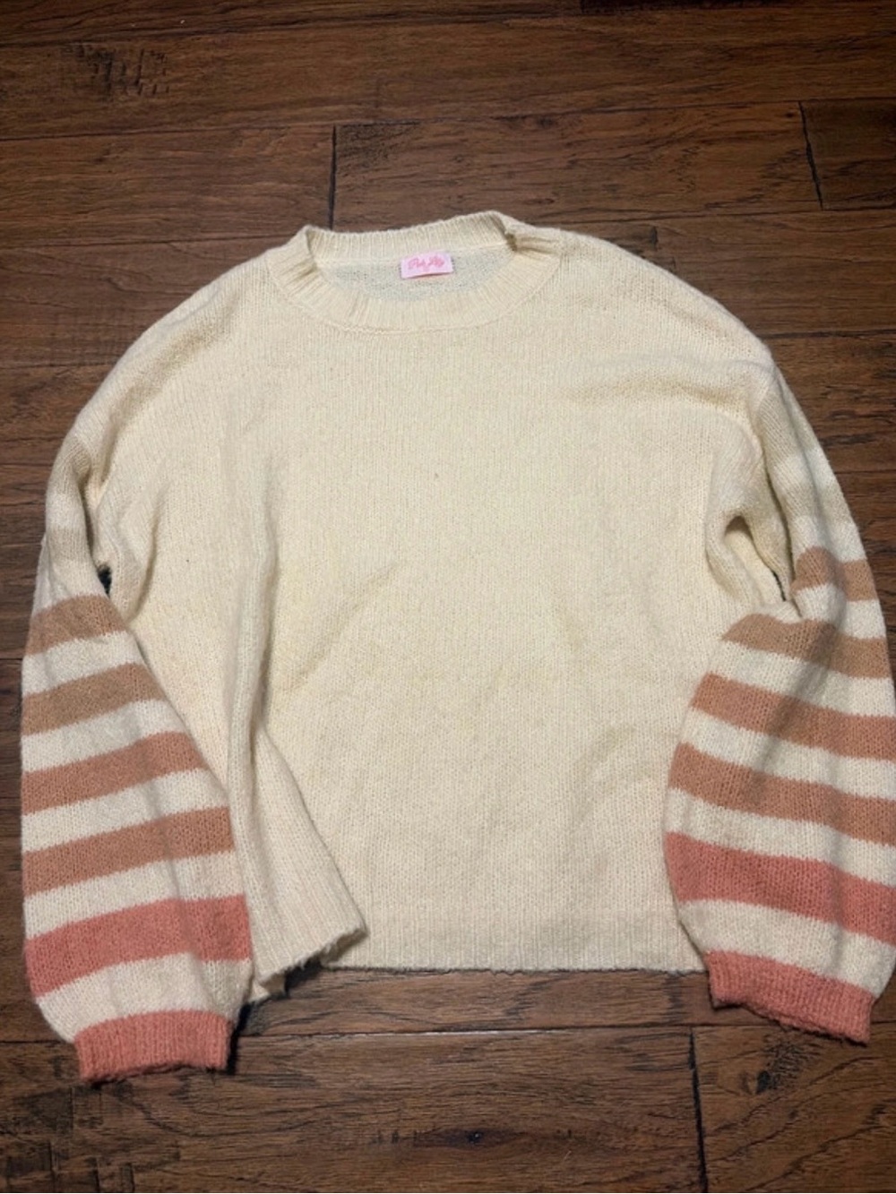 Pink Lily Cream Crewneck Sweater with Pink and Tan Striped Balloon Sleeves